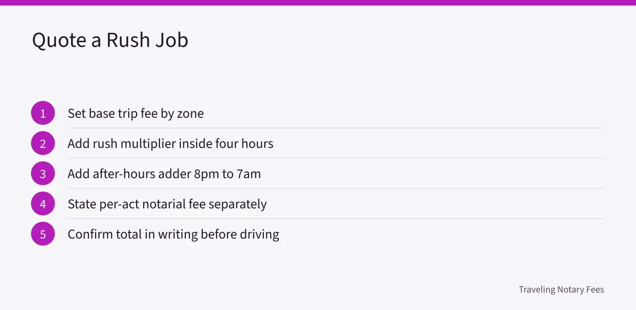 Five steps for quoting a mobile notary rush job (Do mobile notaries charge more for rush or same-day travel?)