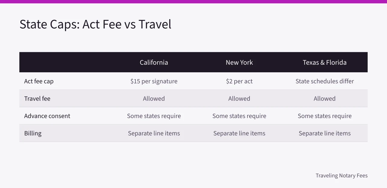 Comparison table of notary act fee caps and travel fee rules by state (Mobile Notary Travel Fee Rules: What You Can Charge in 2027)